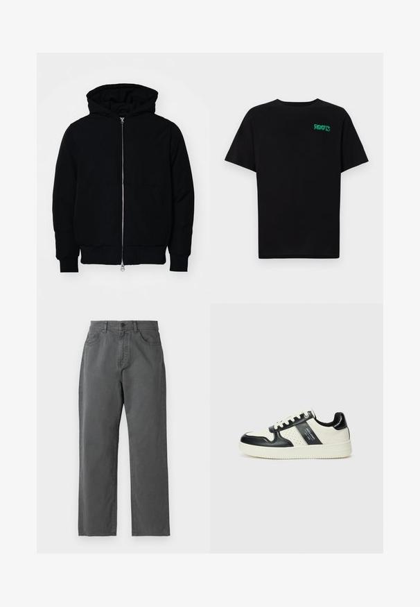 Čierna kapucňová bunda s predným zipsom, klokaními vreckami, rebrovanými manžetami a lemom, zobrazená na bielom pozadí.; Čierne tričko s krátkymi rukávmi vyrobené z bavlny. Na prednej strane má zelené logo "ROOTS", okrúhly výstrih a štandardný strih.; Šedé nohavice z tkaniny so strihom do rovna, s gombíkom a zipsom, piatimi vreckami a jemnými švovými detailmi.; Kožené tenisky v čierno-krémovej farbe, s perforovanými akcentmi, polstrovaným golierom a štruktúrovanou podrážkou.