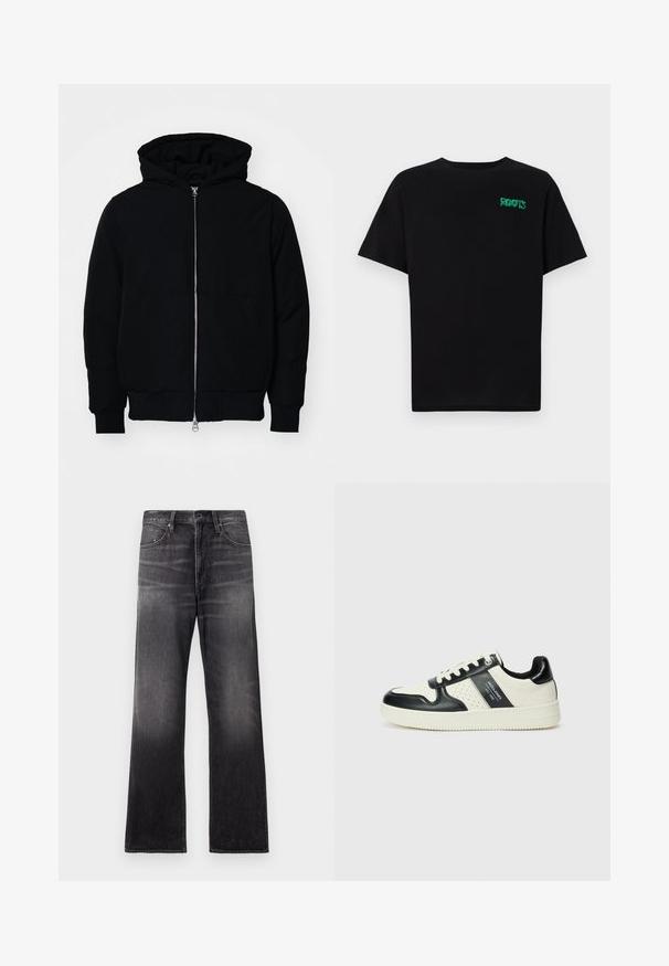 Mustat huppu-untuvatakki, jossa on vetoketju edessä, kenguru-tasku, ribatut hihansuut ja helma, esillä yksinkertaisella valkoisella taustalla.; Mustat t-paidat, jotka on valmistettu puuvillasta ja joissa on lyhyet hihat. Edessä vihreä "ROOTS"-logo, pyöreä kaula-aukko ja normaali istuvuus.; Mustat farkut suoran lahkeen leikkauksella, joissa on haalistunut viimeistely, etutaskut, vyölenkit ja näkyvät ompeluyksityiskohdat.; Nahkakengät musta-kerma värimaailmassa, joissa on rei'itetyt yksityiskohdat, pehmustettu nilkkaosa ja teksturoitu pohja.