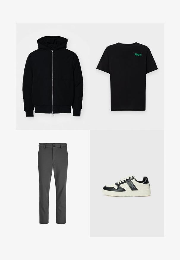 Black hooded jacket with front zipper, kangaroo pocket, ribbed cuffs, and hem, displayed on a plain white background.; Black t-shirt made of cotton with short sleeves. Features a green "ROOTS" logo on the front, round neckline, and standard fit.; Gray tailored trousers made of smooth fabric, featuring a button closure and belt loops, with a straight cut and no noticeable patterns.; Leather sneakers with a black and cream color scheme, featuring perforated accents, a padded collar, and a textured outsole.