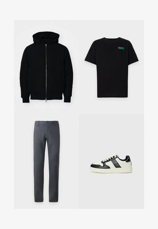 Crna kapuška jakna s prednjim zatvaračem, kenguru džepom, rebrastim manžetama i rubom, prikazana na običnoj bijeloj pozadini.; Crna majica kratkih rukava od pamuka. Na prednjem dijelu se nalazi zeleni "ROOTS" logo, okrugli izrez i standardni kroj.; Sivi, teksturirani hlače ravnog kroja, s pojasom za remen, prednjim džepovima i jednim dugmetom za zatvaranje.; Kožne tenisice s crno-bijelom paletom boja, koje imaju perforirane akcentne detalje, podstavljeni ovratnik i teksturiranu potplat.