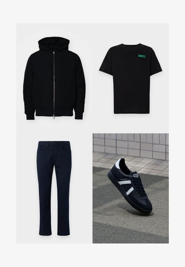 Giacca nera con cappuccio, dotata di zip frontale, tasca a marsupio, polsini e orlo a coste, esposta su uno sfondo bianco semplice.; T-shirt nera in cotone con maniche corte. Presenta un logo verde "ROOTS" sulla parte frontale, colletto rotondo e vestibilità standard.; Pantaloni in denim blu navy con una vestibilità slim, caratterizzati da un classico design a cinque tasche e accenti di cuciture sottili. Texture liscia e senza embellishments.; Sneaker neri in pelle con strisce bianche, suola in gomma texturizzata e allacciatura frontale. Presenta un'etichetta con il marchio sulla linguetta.