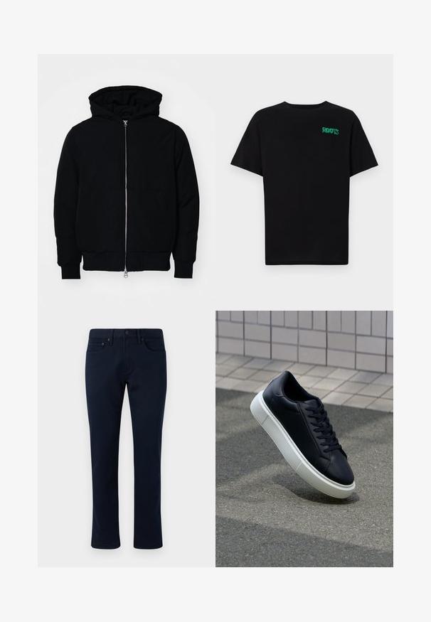 Čierna kapucňová bunda s predným zipsom, klokaními vreckami, rebrovanými manžetami a lemom, zobrazená na bielom pozadí.; Čierne tričko s krátkymi rukávmi vyrobené z bavlny. Na prednej strane má zelené logo "ROOTS", okrúhly výstrih a štandardný strih.; Námornícky modré deninové nohavice so slim fit strihom, so štandardným dizajnom piatich vreciek a jemným prešívaním. Hladká textúra a žiadne ozdoby.; Čierne kožené tenisky s okrúhlou špičkou a bielou gumovou podrážkou. Majú ploché šnúrky a minimálne šitie na vrchu. Textúrovaná podrážka pre lepšiu priľnavosť.