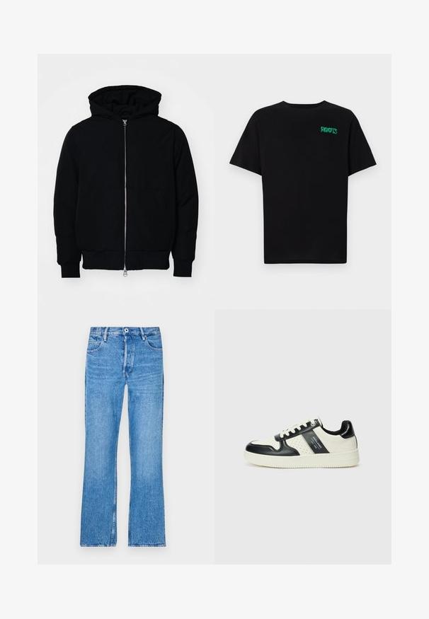 Juodas gobtuvėlis su priekiniu užtrauktuku, kengūros tipo kišene, lygiais rankogaliais ir apvadu, pateiktas ant vientiso balto fono.; Juodas medvilninis marškinėliai trumpomis rankovėmis. Priekyje yra žalias „ROOTS“ logotipas, apvalus iškirpimas ir standartinė prigludimo forma.; Mėlyni tiesaus silueto džinsai, pagaminti iš džinsinio audinio su išblukusiu wash. Yra mygtukų uždarymas, diržo kilpos ir standartinis penkių kišenių dizainas.; Odiniai sportbačiai juodos ir kreminės spalvų schemoje, su perforuotais akcentais, paminkštinta apykakle ir tekstūruotu padu.