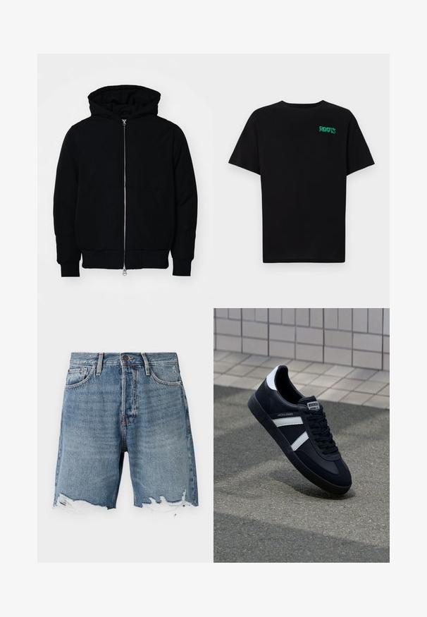 Mustat huppu-untuvatakki, jossa on vetoketju edessä, kenguru-tasku, ribatut hihansuut ja helma, esillä yksinkertaisella valkoisella taustalla.; Mustat t-paidat, jotka on valmistettu puuvillasta ja joissa on lyhyet hihat. Edessä vihreä "ROOTS"-logo, pyöreä kaula-aukko ja normaali istuvuus.; Vaaleansiniset denimist shortsit, joissa on kuluneet reunat, viisi taskua ja näkyvät ompeleet. Värin viimeistelyssä on napitus vyötäröllä.; Mustat nahkakengät valkoisilla raidoilla, teksturoitu kumipohja ja nauha edessä. Varustettu merkkitarralla kielen päällä.