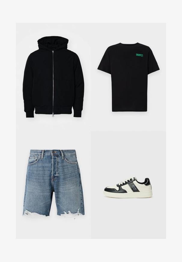 Chaqueta negra con capucha, cierre frontal, bolsillo tipo canguro, y puños y dobladillo acanalados, exhibida sobre un fondo blanco liso.; Camiseta negra de algodón con mangas cortas. Presenta un logo verde "ROOTS" en el frente, escote redondo y corte estándar.; Shorts de mezclilla en azul claro con dobladillo deshilachado, diseño de cinco bolsillos y costuras visibles. Presenta un cierre de botón en la cintura.; Zapatillas de cuero con un esquema de colores negro y crema, que cuentan con acentos perforados, un collar acolchado y una suela texturizada.