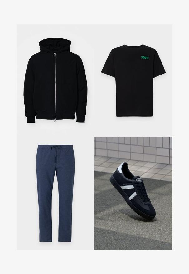 Juodas gobtuvėlis su priekiniu užtrauktuku, kengūros tipo kišene, lygiais rankogaliais ir apvadu, pateiktas ant vientiso balto fono.; Juodas medvilninis marškinėliai trumpomis rankovėmis. Priekyje yra žalias „ROOTS“ logotipas, apvalus iškirpimas ir standartinė prigludimo forma.; Tamsiai mėlynos kelnes, pagamintas iš lengvos medžiagos, su elastingu juosmeniu ir raišteliu, bei tiesiomis kojomis.; Juodas odinis sportinis batelis su baltais dryžiais, tekstūruota gumine padais ir raišteliais priekyje. Yra prekės ženklą žymintis etiketė ant liežuvio.