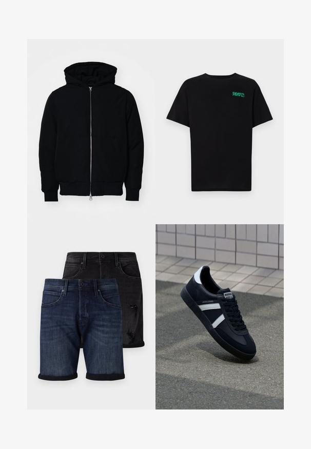 Chaqueta negra con capucha, cierre frontal, bolsillo tipo canguro, y puños y dobladillo acanalados, exhibida sobre un fondo blanco liso.; Camiseta negra de algodón con mangas cortas. Presenta un logo verde "ROOTS" en el frente, escote redondo y corte estándar.; Conjunto de pantalones cortos de mezclilla que incluye un par azul oscuro con dobladillos enrollados y un par negro desgastado. Ambos tienen un estilo clásico de cinco bolsillos.; Zapatilla de cuero negra con rayas blancas, suela de goma texturizada y parte frontal con cordones. Cuenta con una etiqueta de marca en la lengüeta.