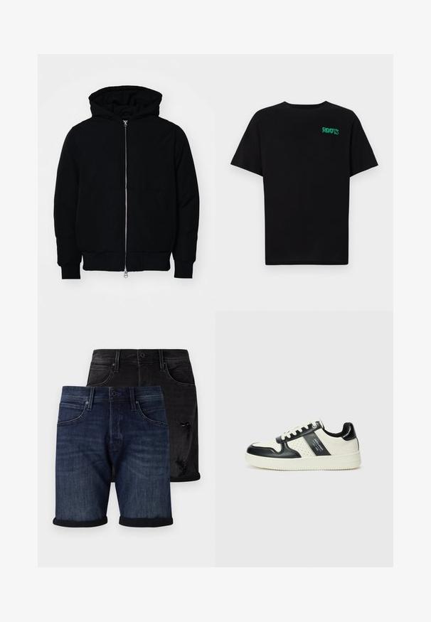 Mustat huppu-untuvatakki, jossa on vetoketju edessä, kenguru-tasku, ribatut hihansuut ja helma, esillä yksinkertaisella valkoisella taustalla.; Mustat t-paidat, jotka on valmistettu puuvillasta ja joissa on lyhyet hihat. Edessä vihreä "ROOTS"-logo, pyöreä kaula-aukko ja normaali istuvuus.; Setti denim-shortsit, jotka sisältävät tummansinisen parin käännetyillä helmoilla ja mustat kulutetut shortsit. Molemmissa on klassinen viiden taskun muotoilu.; Nahkakengät musta-kerma värimaailmassa, joissa on rei'itetyt yksityiskohdat, pehmustettu nilkkaosa ja teksturoitu pohja.