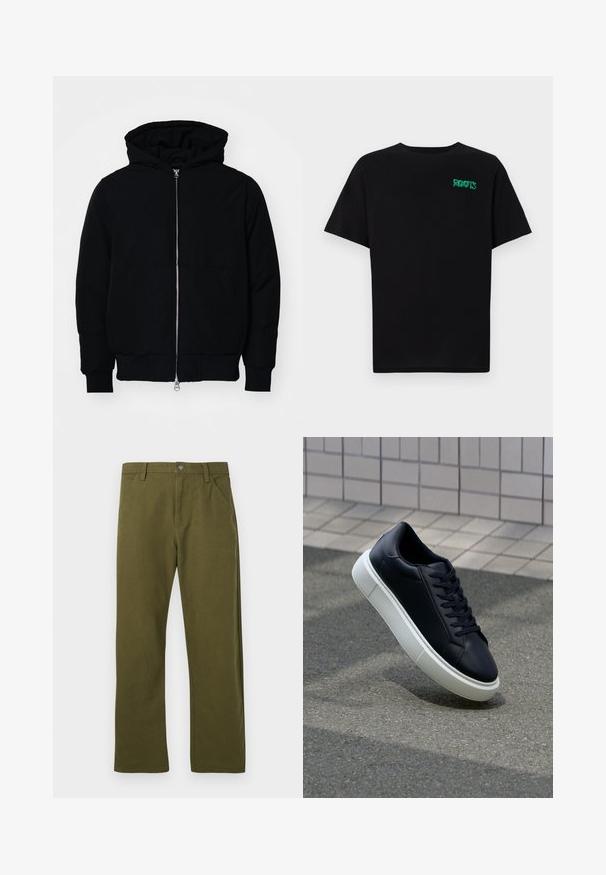 Veste à capuche noire avec fermeture éclair sur le devant, poche kangourou, poignets et ourlet côtelés, présentée sur un fond blanc uni.; T-shirt noir en coton à manches courtes. Présente un logo "ROOTS" vert sur le devant, un col rond et une coupe standard.; Pantalon en coton vert avec une coupe droite, comprenant un design de poche avant, une fermeture à bouton en métal et des détails de couture subtils.; Baskets noires en cuir avec bout arrondi et semelle en caoutchouc blanc. Elles présentent des lacets plats et une couture minimale sur la tige. Semelle texturée pour une bonne adhérence.