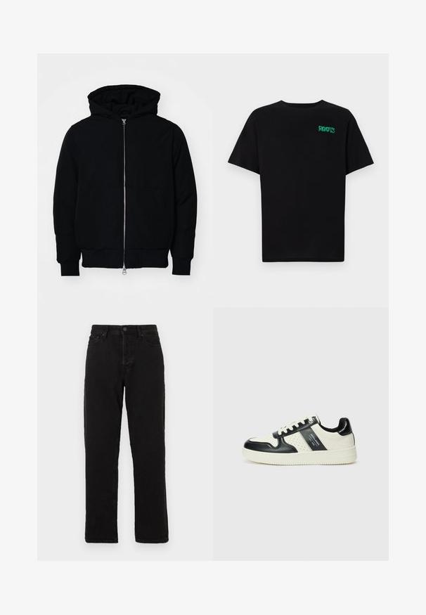 Veste à capuche noire avec fermeture éclair sur le devant, poche kangourou, poignets et ourlet côtelés, présentée sur un fond blanc uni.; T-shirt noir en coton à manches courtes. Présente un logo "ROOTS" vert sur le devant, un col rond et une coupe standard.; Jeans en denim noir avec une coupe droite, dotés d'une fermeture à bouton, de passants de ceinture et d'un style à cinq poches classique.; Baskets en cuir avec un schéma de couleurs noir et crème, dotées d'accents perforés, d'un col rembourré et d'une semelle texturée.