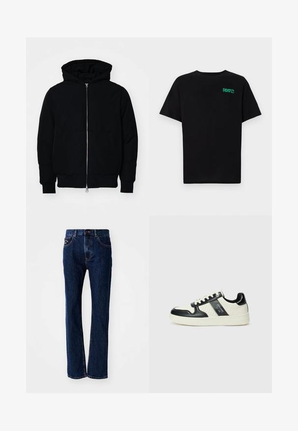 Černá kapucňová bunda s předním zipem, klokaní kapsou, vroubkovanými manžetami a spodním lemem, vystavená na čistém bílém pozadí.; Černé tričko vyrobené z bavlny s krátkým rukávem. Na přední straně se nachází zelené logo "ROOTS", kulatý výstřih a standardní střih.; Tmavé modré džínsy se rovnými nohavicemi, mají dvě přední kapsy a zapínání na knoflík. Jemné švy.; Kožené tenisky s černobílou barevnou kombinací, které mají perforované detaily, polstrovaný límec a texturovanou podrážku.