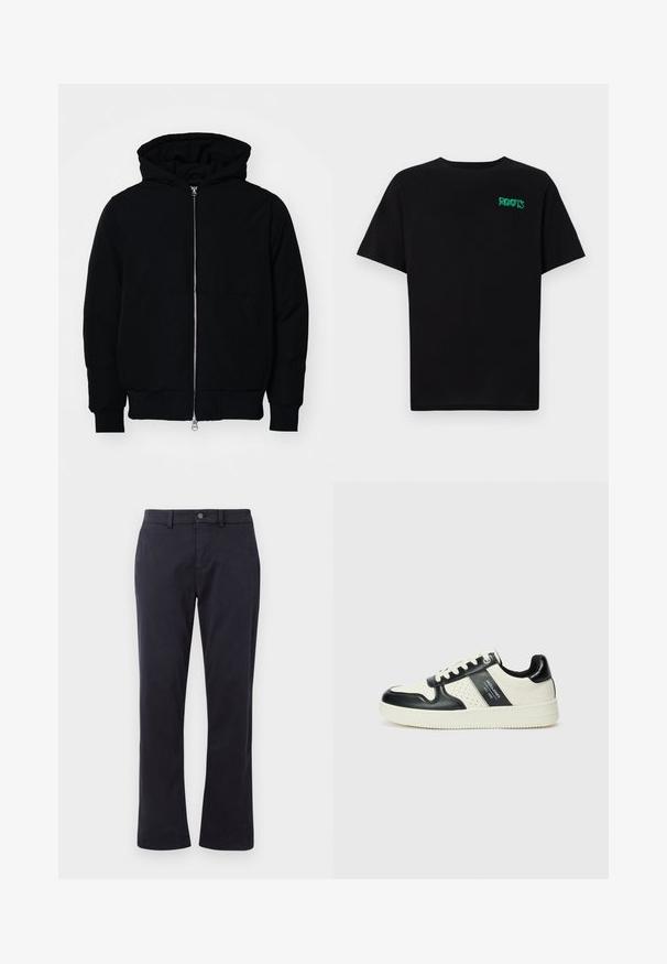 Svart hettejakke med frontglidelås, kengurulomme, ribbestrikket mansjetter og søm, vist på en ensfarget hvit bakgrunn.; svart t-skjorte laget av bomull med korte ermer. Har et grønt "ROOTS"-logo på forsiden, rund halsutringning og standard passform.; Mørk marineblå rette bukser med beltehemper og frontlukking med knapp, vist på en hvit bakgrunn.; Lædersneakers med sort og creme farveskema, der har perforerede detaljer, en polstret krave og en struktureret ydersål.