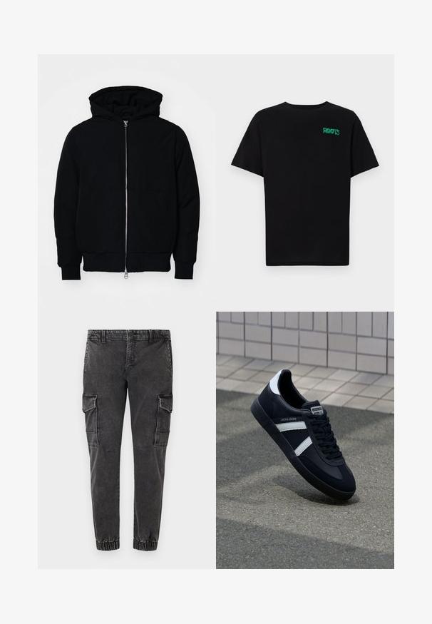 Crna kapuška jakna s prednjim zatvaračem, kenguru džepom, rebrastim manžetama i rubom, prikazana na običnoj bijeloj pozadini.; Crna majica kratkih rukava od pamuka. Na prednjem dijelu se nalazi zeleni "ROOTS" logo, okrugli izrez i standardni kroj.; Crne cargo hlače s elastičnim manžetama, s velikim bočnim džepovima, opuštenog kroja i blago oštećenim, teksturiranim traper tkaninom.; Crne kožne tenisice s bijelim prugama, strukturirana gumena potplate i vezanjem sprijeda. Ima oznaku brenda na jeziku.