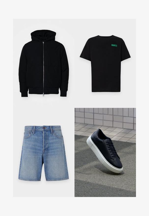 Mustaga kapuutsiga jakk, millel on esineed, kenguru tasku, soonikkoes, ja alläär, esitatud lihtsal valgel taustal.; Must t-särk, mis on valmistatud puuvillast, lühikeste varrukatega. Esipaneelil on roheline "ROOTS" logo, ümmargune kaelus ja tavapärane lõige.; Heled sinise denim šortsid, kõrge vöökoht, traditsiooniline viie tasku disain ning kontrastõmblused õmblustel.; Mustast nahast tennisetoss, millel on ümar nina ja valge kummist tall. Omab siredaid paelu ja minimaalset õmblemist ülemises osas. Tekstuuriga tald, mis tagab haakuvuse.