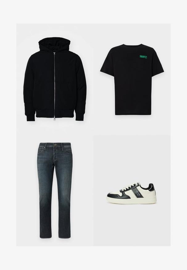 Jachetă neagră cu glugă, cu fermoar în față, buzunar tip kangaroo, mansete și tiv ribbed, prezentată pe un fundal alb simplu.; Tricou negru din bumbac, cu mâneci scurte. Prezintă un logo verde "ROOTS" pe față, guler rotund și o potrivire standard.; Jeans din denim albastru închis cu croială dreaptă. Caracteristici includ buzunare frontale, închidere cu buton metalic și o decolorare subtilă. Design clasic cu cinci buzunare.; Tenisi din piele cu un scheme de culori negru și crem, dotati cu accente perforate, guler căptușit și o talpă texturată.