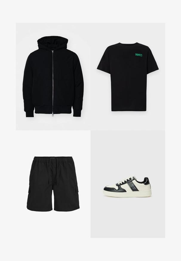Czarna kurtka z kapturem, z suwakiem z przodu, kieszenią kangurką, ściągaczami przy mankietach i dolnym brzegu, prezentowana na jednolitym białym tle.; Czarna koszulka z bawełny z krótkim rękawem. Posiada zielone logo "ROOTS" z przodu, okrągły dekolt i standardowy krój.; Czarne szorty cargo z elastycznym paskiem, sznurkiem, kieszeniami bocznymi i teksturowanym materiałem. Zaprojektowane z myślą o komforcie i funkcjonalności.; Skórzane sneakersy w czarno-kremowym schemacie kolorystycznym, z perforowanymi akcentami, wyściełanym kołnierzem i teksturowaną podeszwą.