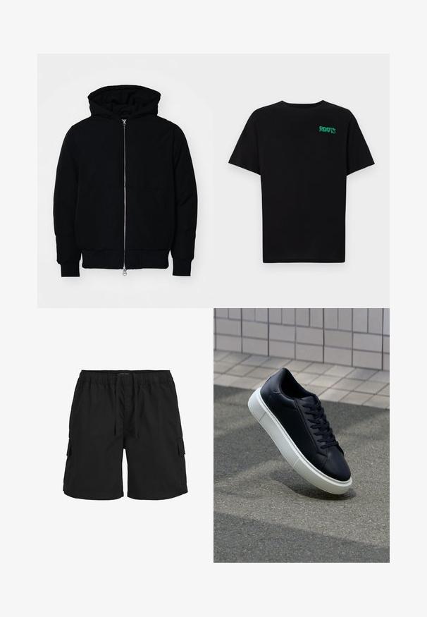 Mustat huppu-untuvatakki, jossa on vetoketju edessä, kenguru-tasku, ribatut hihansuut ja helma, esillä yksinkertaisella valkoisella taustalla.; Mustat t-paidat, jotka on valmistettu puuvillasta ja joissa on lyhyet hihat. Edessä vihreä "ROOTS"-logo, pyöreä kaula-aukko ja normaali istuvuus.; Mustaan cargo-shortsit, joissa on joustava vyötärö, nauhakuja, sivutaskut ja tekstuuroitu kangas. Suunniteltu mukavuutta ja hyödyllisyyttä varten.; Mustat nahkakengät, joissa on pyöristetty kärki ja valkoinen kumipohja. Varusteena litteät nauhat ja minimaalinen ommel ylhäällä. Teksturoitu pohja pitävyyden lisäämiseksi.