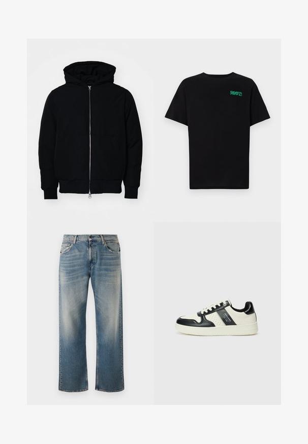 Črna kapuca jakna s sprednjim zadrgo, kenguru žepom, rebrastimi manšetami in hemom, razstavljena na enostavni beli ozadju.; Črna majica iz bombaža z kratkimi rokavi. Na sprednji strani ima zeleno logotip "ROOTS", okroglo ovratnico in standardno prileganje.; Modri kavbojke s sproščenim krojem in ravnimi nogavicami. Imajo svetlejše pranje in klasičen pet-pocket dizajn s šivanimi detajli.; Usnjeni športni čevlji z črno in krem barvno shemo, ki vključujejo perforirane dodatke, podložen ovratnik in strukturirano podplat.