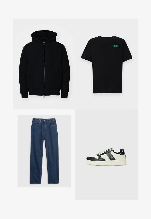 Fekete kapucnis dzseki elülső cipzárral, kenguruzsebbel, bordázott mandzsettákkal és aba, egy sima fehér háttér előtt.; Fekete, pamutból készült póló rövid ujjakkal. Elöl zöld "ROOTS" logóval, kerek nyakkivágással és normál szabással.; Sötétkék farmernadrág egyenes szabással, öt zsebes dizájnnal, felső gombbal és réz szegecsek díszítésével.; Fekete és krém színű bőrsneaker, perforált díszítésekkel, párnázott bokapánttal és texturált talppal.