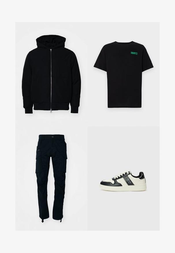 Juodas gobtuvėlis su priekiniu užtrauktuku, kengūros tipo kišene, lygiais rankogaliais ir apvadu, pateiktas ant vientiso balto fono.; Juodas medvilninis marškinėliai trumpomis rankovėmis. Priekyje yra žalias „ROOTS“ logotipas, apvalus iškirpimas ir standartinė prigludimo forma.; Juodos cargo kelnės, pagamintos iš medvilnės, su keliais šoniniais kišenėmis, užtrauktuku užsegama kišene ir tiesiomis kojomis su reguliuojamais kulkšnies diržais.; Odiniai sportbačiai juodos ir kreminės spalvų schemoje, su perforuotais akcentais, paminkštinta apykakle ir tekstūruotu padu.
