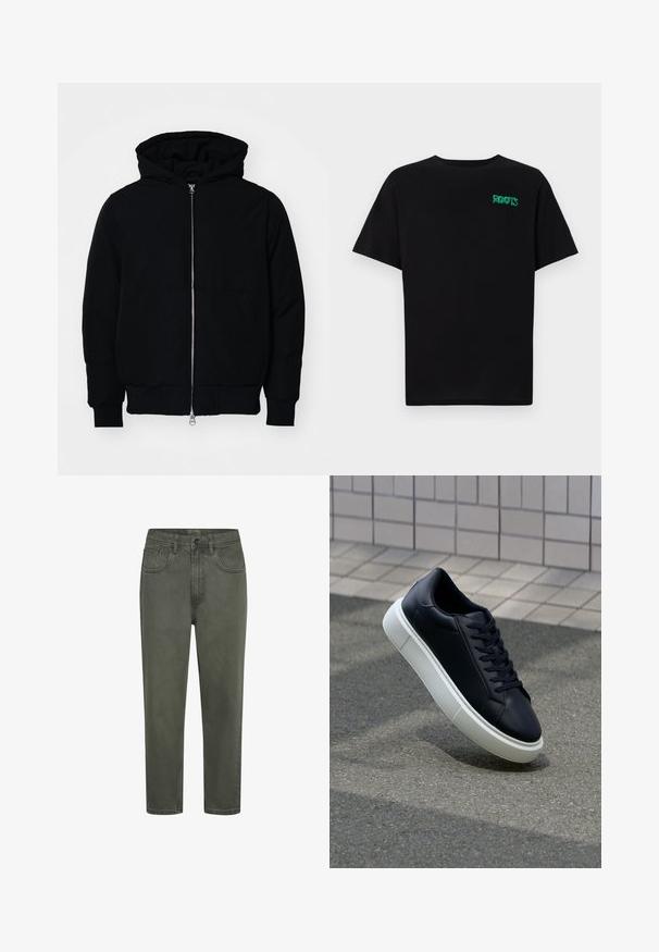 Black hooded jacket with front zipper, kangaroo pocket, ribbed cuffs, and hem, displayed on a plain white background.; Black t-shirt made of cotton with short sleeves. Features a green "ROOTS" logo on the front, round neckline, and standard fit.; Green cotton chinos with a straight silhouette, featuring belt loops, front pockets, and a button closure. Smooth texture with minimal stitching.; Black leather sneaker with rounded toe and white rubber sole. Features flat laces and minimal stitching on the upper. Textured sole for grip.