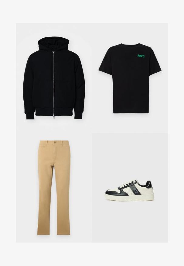 Zwarte hoodie met rits aan de voorkant, kangoeroe-pocket, geribbelde manchetten en zoom, weergegeven op een effen witte achtergrond.; Zwarte T-shirt van katoen met korte mouwen. Heeft een groen "ROOTS" logo op de voorkant, een ronde halslijn en een standaard pasvorm.; Khaki-kleurige rechte broek van katoen, met een knoopsluiting, voorkruiszakken en een soepele textuur.; Leren sneakers met een zwart en crèmekleurig kleurenschema, voorzien van geperforeerde accenten, een gevoerde kraag en een gestructureerde buitenzool.