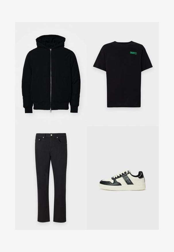 Črna kapuca jakna s sprednjim zadrgo, kenguru žepom, rebrastimi manšetami in hemom, razstavljena na enostavni beli ozadju.; Črna majica iz bombaža z kratkimi rokavi. Na sprednji strani ima zeleno logotip "ROOTS", okroglo ovratnico in standardno prileganje.; Črne denimske hlače s ravnim krojem, ki vključujejo pet žepov in srebrno strojno opremo z gladko teksturo. Brez vzorcev ali dodatkov.; Usnjeni športni čevlji z črno in krem barvno shemo, ki vključujejo perforirane dodatke, podložen ovratnik in strukturirano podplat.