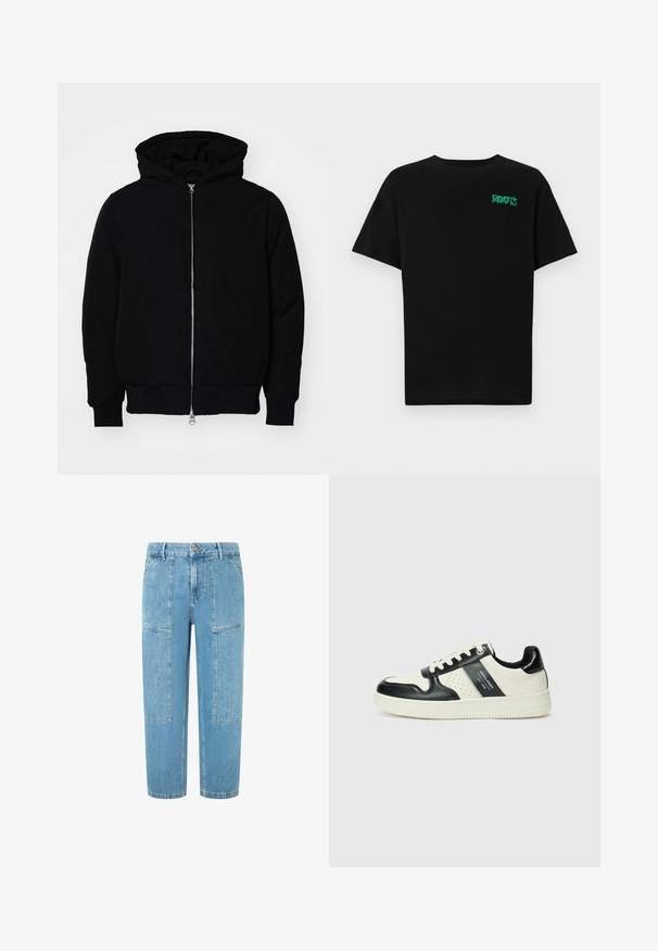 Mustaga kapuutsiga jakk, millel on esineed, kenguru tasku, soonikkoes, ja alläär, esitatud lihtsal valgel taustal.; Must t-särk, mis on valmistatud puuvillast, lühikeste varrukatega. Esipaneelil on roheline "ROOTS" logo, ümmargune kaelus ja tavapärane lõige.; Heledad teksased heledas sinine värv, otse lõikega, kahe suurte klapptasku ja peente kulumise detailidega kangal.; Nahatud nahkkingad musta ja kreemi värviskeemiga, millel on perforeeritud aktsendid, pehme krae ja tekstureeritud tallad.