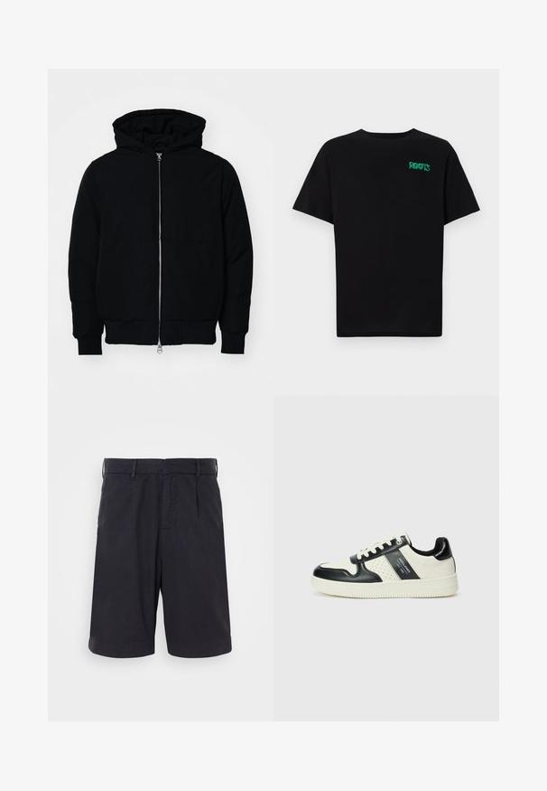 Svart hettejakke med frontglidelås, kengurulomme, ribbestrikket mansjetter og søm, vist på en ensfarget hvit bakgrunn.; svart t-skjorte laget av bomull med korte ermer. Har et grønt "ROOTS"-logo på forsiden, rund halsutringning og standard passform.; Marineblå bomullsshorts med flat front, beltehemper, sidelommer og en løs passform, med en jevn tekstur og rent design.; Lædersneakers med sort og creme farveskema, der har perforerede detaljer, en polstret krave og en struktureret ydersål.