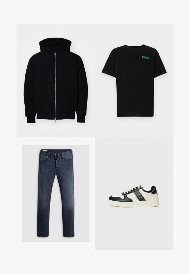 Črna kapuca jakna s sprednjim zadrgo, kenguru žepom, rebrastimi manšetami in hemom, razstavljena na enostavni beli ozadju.; Črna majica iz bombaža z kratkimi rokavi. Na sprednji strani ima zeleno logotip "ROOTS", okroglo ovratnico in standardno prileganje.; Temno modri kavbojke z ravnim krojem, z zadrgo in kovinskimi gumbi ter bakrenimi zakovicami. Gladka tekstura, brez vidnih vzorcev.; Usnjeni športni čevlji z črno in krem barvno shemo, ki vključujejo perforirane dodatke, podložen ovratnik in strukturirano podplat.