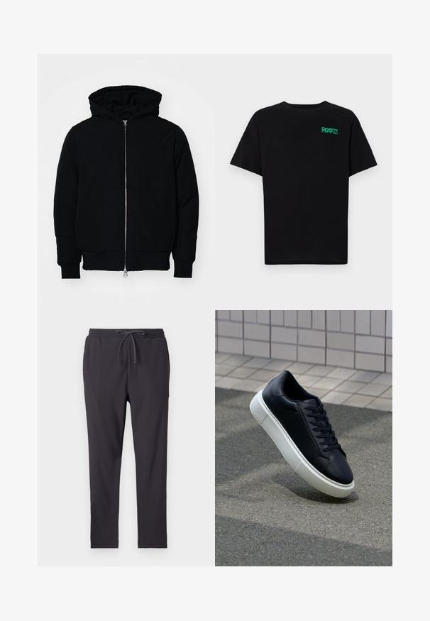 Black hooded jacket with front zipper, kangaroo pocket, ribbed cuffs, and hem, displayed on a plain white background.; Black t-shirt made of cotton with short sleeves. Features a green "ROOTS" logo on the front, round neckline, and standard fit.; Dark gray jogger pants with an elastic waistband, drawstring closure, side pockets, and a ribbed texture throughout.; Black leather sneaker with rounded toe and white rubber sole. Features flat laces and minimal stitching on the upper. Textured sole for grip.