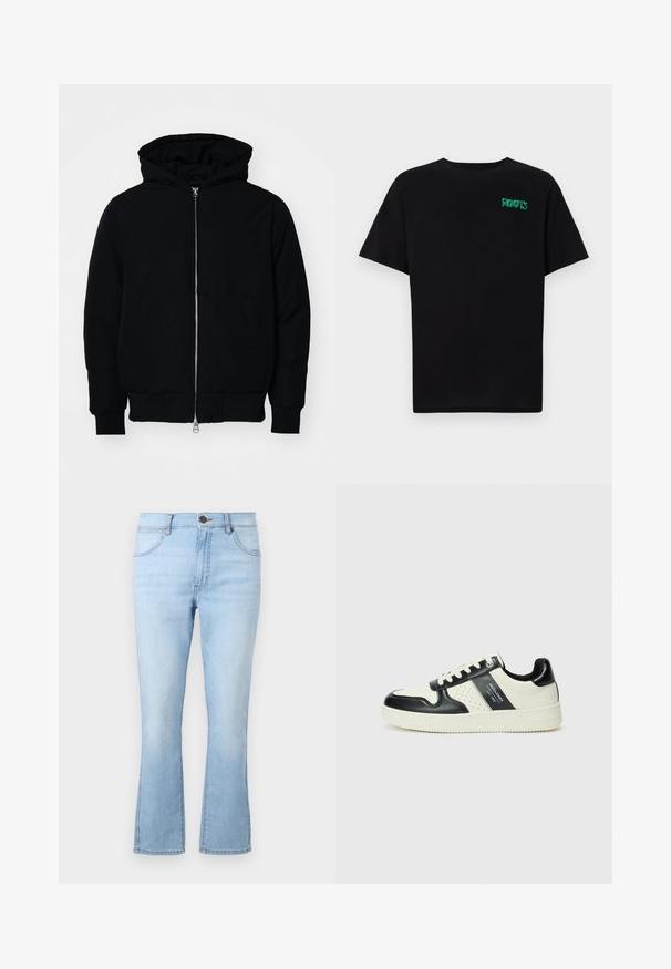 Crna kapuška jakna s prednjim zatvaračem, kenguru džepom, rebrastim manžetama i rubom, prikazana na običnoj bijeloj pozadini.; Crna majica kratkih rukava od pamuka. Na prednjem dijelu se nalazi zeleni "ROOTS" logo, okrugli izrez i standardni kroj.; Svijetloplave traperice s lepršavim rubom, od denima, s pet džepova, dugmetom i zatvaračem, te kontrastnim šavovima. Imaju lagano izblijedjelu boju.; Kožne tenisice s crno-bijelom paletom boja, koje imaju perforirane akcentne detalje, podstavljeni ovratnik i teksturiranu potplat.