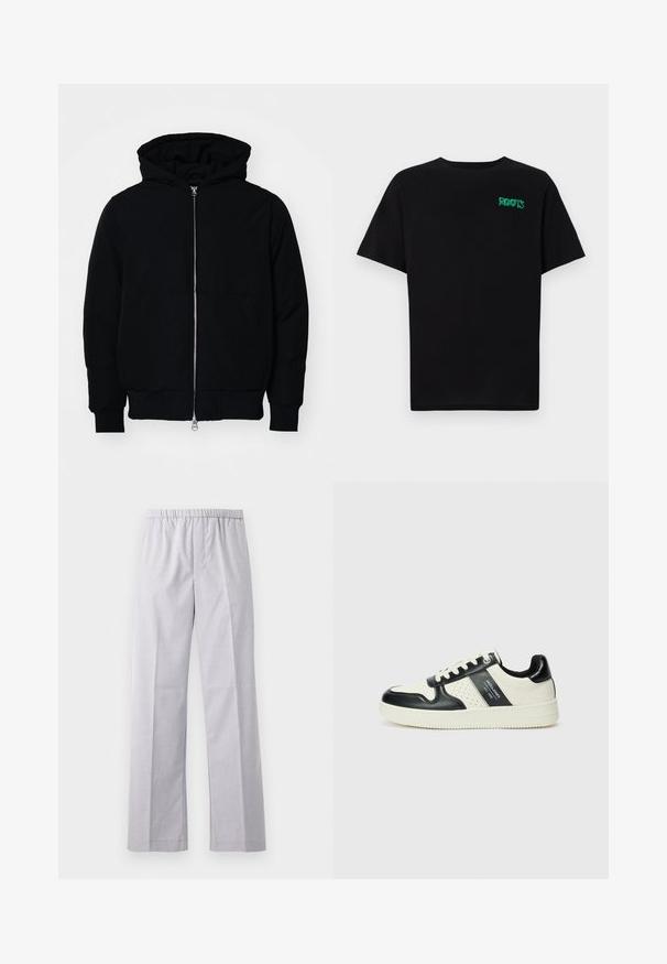 Czarna kurtka z kapturem, z suwakiem z przodu, kieszenią kangurką, ściągaczami przy mankietach i dolnym brzegu, prezentowana na jednolitym białym tle.; Czarna koszulka z bawełny z krótkim rękawem. Posiada zielone logo "ROOTS" z przodu, okrągły dekolt i standardowy krój.; Jasnoszare, szerokie spodnie z elastycznym paskiem w talii, wykonane z gładkiej, tkanej tkaniny. Posiadają starannie wyprasowane zagięcia z przodu.; Skórzane sneakersy w czarno-kremowym schemacie kolorystycznym, z perforowanymi akcentami, wyściełanym kołnierzem i teksturowaną podeszwą.