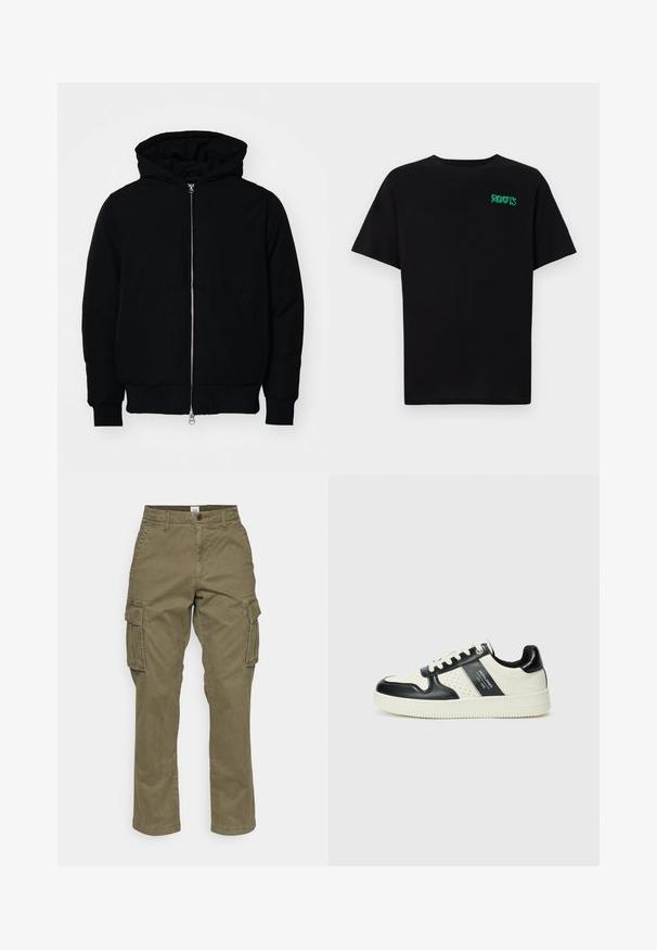 Melna kapucēta jaka ar priekšējo rāvējslēdzēju, kenguru kabatu, ribinātām aprocēm un apakšmalu, parādīta uz vienkārša balta fona.; Melna kokvilnas t-kreka ar īsām piedurknēm. Uz priekšu ir zaļa "ROOTS" logo, apaļa kakla izgriezums un standarta piegriezums.; Olīvu zaļas kargo bikses, izgatavotas no kokvilnas, ar taisnu kāju dizainu, sānu kabatām un diskrētām šuvēm. Audums ir gluds, ar izturīgu materiālu.; Ādas sporta apavi ar melnbaltu krāsu shēmu, ar perforētiem akcentiem, mīkstinātu apkakli un teksturētu zoli.