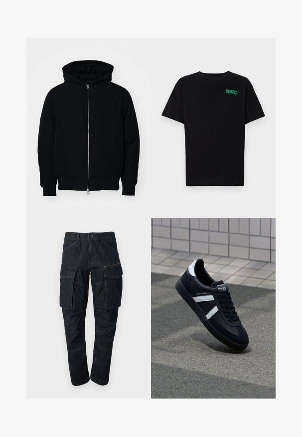 Jachetă neagră cu glugă, cu fermoar în față, buzunar tip kangaroo, mansete și tiv ribbed, prezentată pe un fundal alb simplu.; Tricou negru din bumbac, cu mâneci scurte. Prezintă un logo verde "ROOTS" pe față, guler rotund și o potrivire standard.; Pantaloni cargo din denim de culoare albastru închis, cu multiple buzunare, un buzunar cu fermoar și un design cu picior drept. Material rezistent cu detalii de cusătură vizibile.; Sneaker din piele neagră cu dungi albe, talpă din cauciuc texturat și șireturi. Prezintă un eticheta de marcă pe limbă.