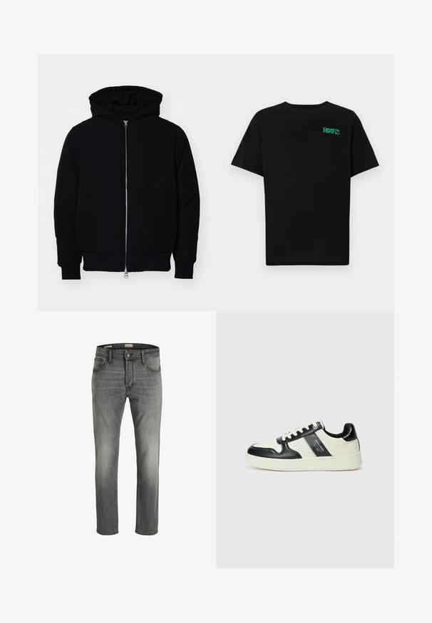 Giacca nera con cappuccio, dotata di zip frontale, tasca a marsupio, polsini e orlo a coste, esposta su uno sfondo bianco semplice.; T-shirt nera in cotone con maniche corte. Presenta un logo verde "ROOTS" sulla parte frontale, colletto rotondo e vestibilità standard.; Jeans in denim grigio con un leggero effetto sbiadito, design a gamba dritta, cinque tasche e chiusura con un singolo bottone metallico.; Sneakers in pelle con una combinazione di colori nero e crema, dotati di dettagli perforati, collare imbottito e suola testurizzata.