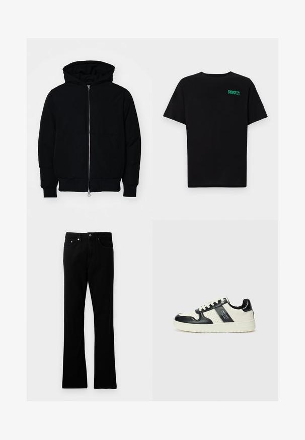 Sort hættejakke med frontlynlås, kængurulomme, ribbede manchetter og kant, præsenteret på en ensfarvet hvid baggrund.; Sort t-shirt lavet af bomuld med korte ærmer. Har et grønt "ROOTS" logo på forsiden, rund halsudskæring og almindelig pasform.; Sorte denim bukser med lige pasform, fem lommer, metalknaplukning og subtile syninger. Glat tekstur og ensartet farve.; Lædersneakers i sort og creme farveskema, med perforerede detaljer, en polstret krave og en struktureret ydersål.