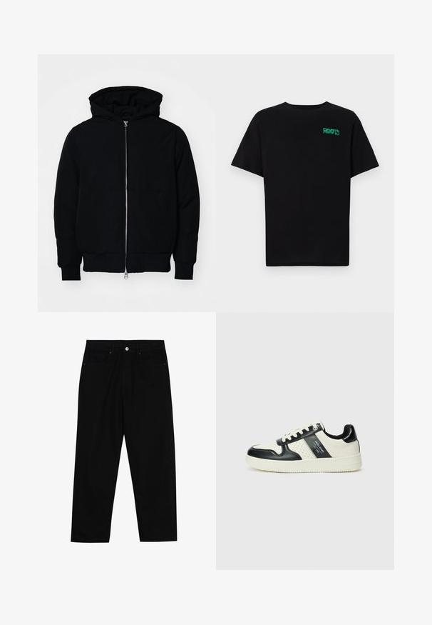 Mustaga kapuutsiga jakk, millel on esineed, kenguru tasku, soonikkoes, ja alläär, esitatud lihtsal valgel taustal.; Must t-särk, mis on valmistatud puuvillast, lühikeste varrukatega. Esipaneelil on roheline "ROOTS" logo, ümmargune kaelus ja tavapärane lõige.; Mustad teksapüksid sirge lõikega, millel on kaks eesmist taskut, nööpidega suleklapp ja peened õmbluse detailid.; Nahatud nahkkingad musta ja kreemi värviskeemiga, millel on perforeeritud aktsendid, pehme krae ja tekstureeritud tallad.