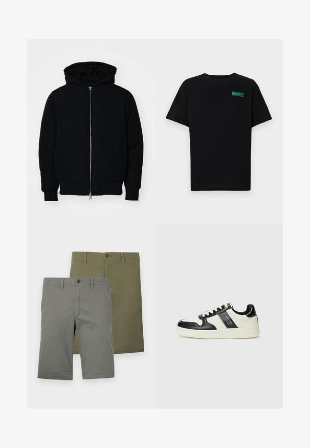 Črna kapuca jakna s sprednjim zadrgo, kenguru žepom, rebrastimi manšetami in hemom, razstavljena na enostavni beli ozadju.; Črna majica iz bombaža z kratkimi rokavi. Na sprednji strani ima zeleno logotip "ROOTS", okroglo ovratnico in standardno prileganje.; Dve hlače v zeleni in olivni barvi. Oba imata gladko teksturo, gumbna zapenja in raven sprednji dizajn. Brez vidnih vzorcev.; Usnjeni športni čevlji z črno in krem barvno shemo, ki vključujejo perforirane dodatke, podložen ovratnik in strukturirano podplat.