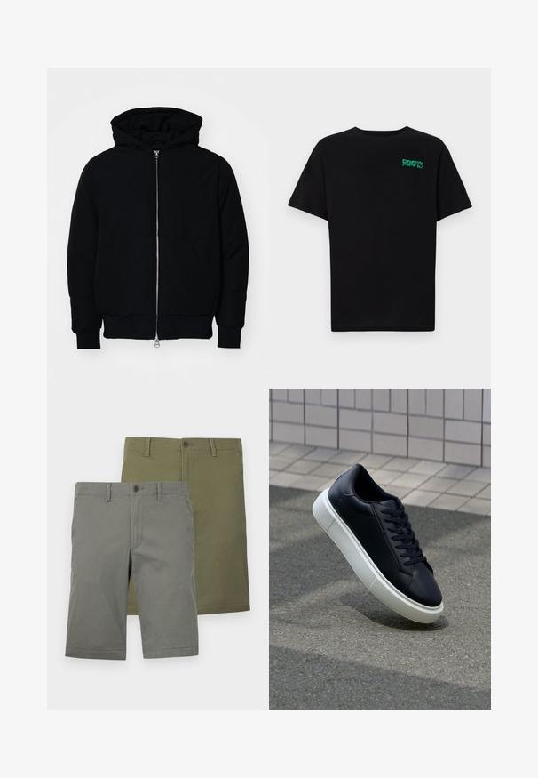 Zwarte hoodie met rits aan de voorkant, kangoeroe-pocket, geribbelde manchetten en zoom, weergegeven op een effen witte achtergrond.; Zwarte T-shirt van katoen met korte mouwen. Heeft een groen "ROOTS" logo op de voorkant, een ronde halslijn en een standaard pasvorm.; Twee paar shorts in groene en olijfgroene kleuren. Beide hebben een gladde textuur, knoopsluitingen en een vlakke voorkant. Geen zichtbare patronen.; Zwarte leren sneaker met een ronde neus en een witte rubberen zool. Voorzien van platte veters en minimale stiksels op het bovenwerk. Textuurrijke zool voor grip.