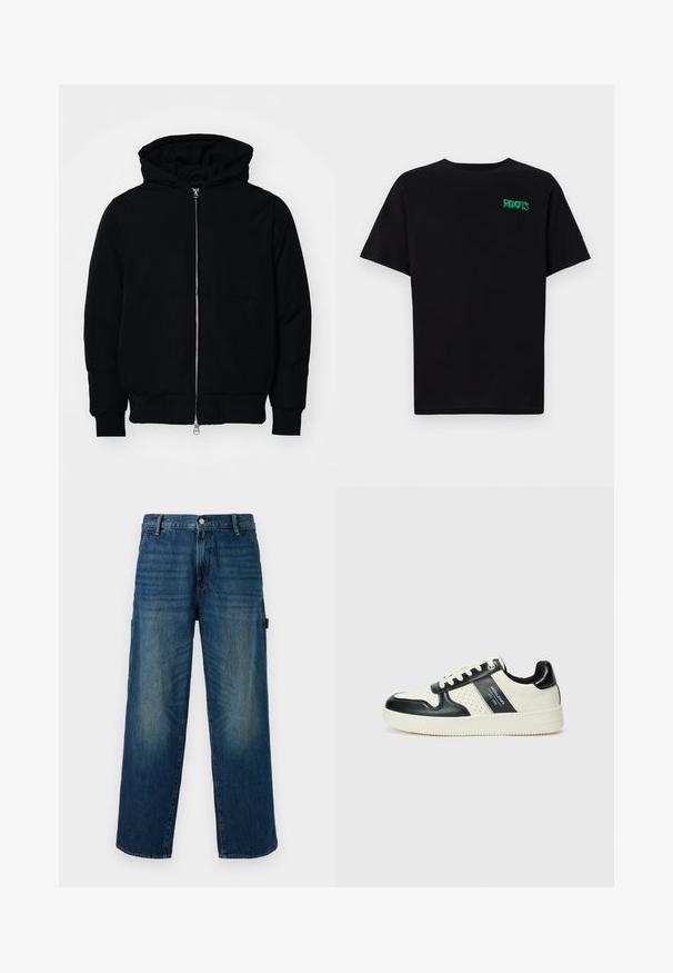 Juodas gobtuvėlis su priekiniu užtrauktuku, kengūros tipo kišene, lygiais rankogaliais ir apvadu, pateiktas ant vientiso balto fono.; Juodas medvilninis marškinėliai trumpomis rankovėmis. Priekyje yra žalias „ROOTS“ logotipas, apvalus iškirpimas ir standartinė prigludimo forma.; Plati mėlynos džinsinės kelnes su išblukusiomis detalėmis, turinčios tradicinį mygtuką ir užtrauktuką, o kairėje pusėje yra šoninė kišenė.; Odiniai sportbačiai juodos ir kreminės spalvų schemoje, su perforuotais akcentais, paminkštinta apykakle ir tekstūruotu padu.