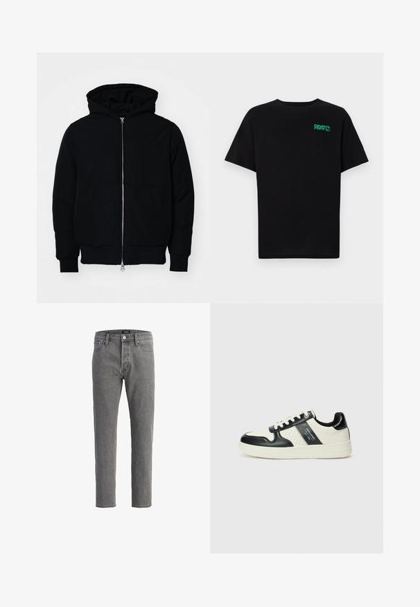 Crna kapuška jakna s prednjim zatvaračem, kenguru džepom, rebrastim manžetama i rubom, prikazana na običnoj bijeloj pozadini.; Crna majica kratkih rukava od pamuka. Na prednjem dijelu se nalazi zeleni "ROOTS" logo, okrugli izrez i standardni kroj.; Sive traperice s ravnim krojem, dizajnom od pet džepova i metalnim kopčanjem. Tkanina ima mekan, teksturiran završetak.; Kožne tenisice s crno-bijelom paletom boja, koje imaju perforirane akcentne detalje, podstavljeni ovratnik i teksturiranu potplat.