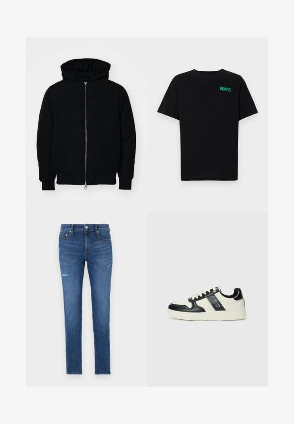 Black hooded jacket with front zipper, kangaroo pocket, ribbed cuffs, and hem, displayed on a plain white background.; Black t-shirt made of cotton with short sleeves. Features a green "ROOTS" logo on the front, round neckline, and standard fit.; Dark blue denim jeans with a slim fit, featuring subtle distressing and fading, five pockets, and a zip fly with a button closure.; Leather sneakers with a black and cream color scheme, featuring perforated accents, a padded collar, and a textured outsole.