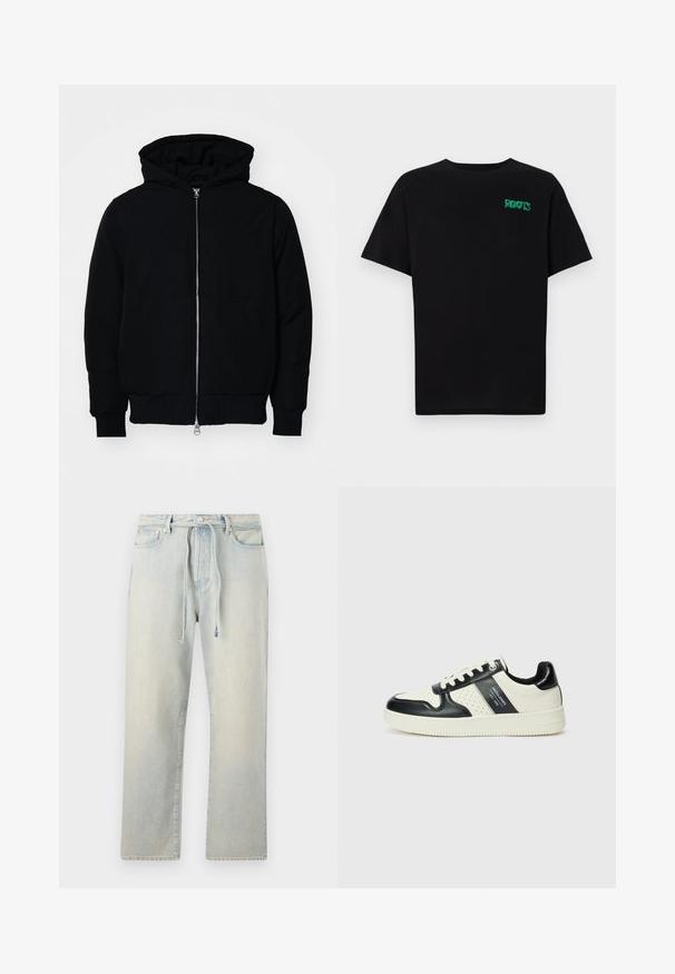 Černá kapucňová bunda s předním zipem, klokaní kapsou, vroubkovanými manžetami a spodním lemem, vystavená na čistém bílém pozadí.; Černé tričko vyrobené z bavlny s krátkým rukávem. Na přední straně se nachází zelené logo "ROOTS", kulatý výstřih a standardní střih.; Svetle modré džíny z denimu s uvolněným střihem, stahovacími šňůrkami v pase, jemnou vybledlou texturou a rovnými nohavicemi. Obsahují klasické kapsy a švy.; Kožené tenisky s černobílou barevnou kombinací, které mají perforované detaily, polstrovaný límec a texturovanou podrážku.