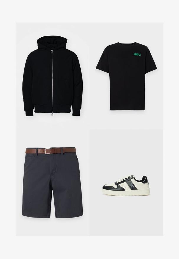 Black hooded jacket with front zipper, kangaroo pocket, ribbed cuffs, and hem, displayed on a plain white background.; Black t-shirt made of cotton with short sleeves. Features a green "ROOTS" logo on the front, round neckline, and standard fit.; Dark navy shorts made of textured fabric, featuring a brown leather belt. Classic fit with two side pockets and a plain hem.; Leather sneakers with a black and cream color scheme, featuring perforated accents, a padded collar, and a textured outsole.