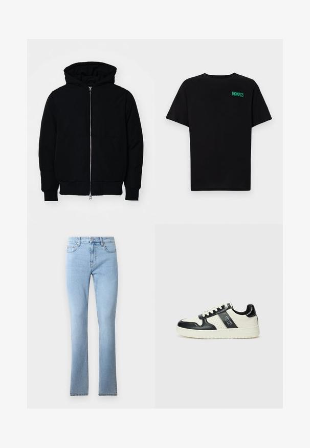 Black hooded jacket with front zipper, kangaroo pocket, ribbed cuffs, and hem, displayed on a plain white background.; Black t-shirt made of cotton with short sleeves. Features a green "ROOTS" logo on the front, round neckline, and standard fit.; Light blue denim flared jeans with a mid-rise waist, five pockets, and contrasting stitching. Smooth texture with a classic fit.; Leather sneakers with a black and cream color scheme, featuring perforated accents, a padded collar, and a textured outsole.