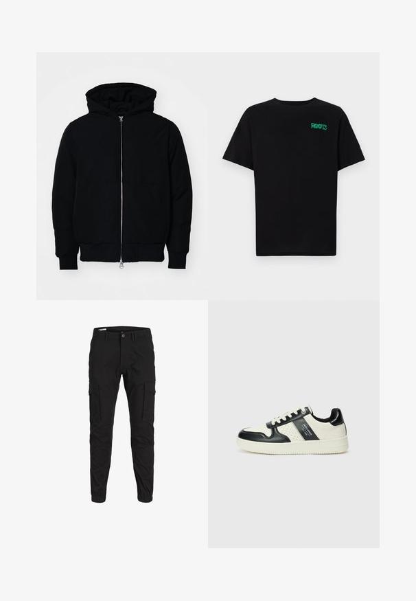 Veste à capuche noire avec fermeture éclair sur le devant, poche kangourou, poignets et ourlet côtelés, présentée sur un fond blanc uni.; T-shirt noir en coton à manches courtes. Présente un logo "ROOTS" vert sur le devant, un col rond et une coupe standard.; Pantalons cargo noirs en tissu doux. Comprend plusieurs poches latérales, un poignet ajusté et une fermeture à bouton classique.; Baskets en cuir avec un schéma de couleurs noir et crème, dotées d'accents perforés, d'un col rembourré et d'une semelle texturée.