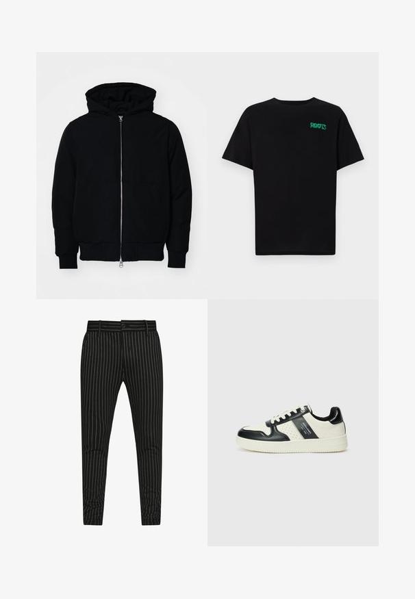 Black hooded jacket with front zipper, kangaroo pocket, ribbed cuffs, and hem, displayed on a plain white background.; Black t-shirt made of cotton with short sleeves. Features a green "ROOTS" logo on the front, round neckline, and standard fit.; Black striped trousers featuring vertical white pinstripes, a slim fit design, and a button closure with belt loops for adjustable sizing.; Leather sneakers with a black and cream color scheme, featuring perforated accents, a padded collar, and a textured outsole.