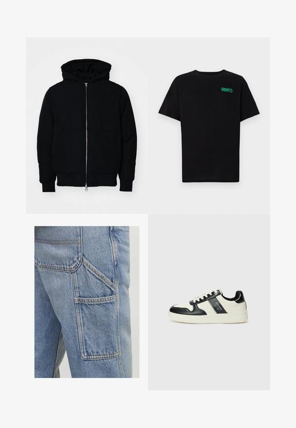 Czarna kurtka z kapturem, z suwakiem z przodu, kieszenią kangurką, ściągaczami przy mankietach i dolnym brzegu, prezentowana na jednolitym białym tle.; Czarna koszulka z bawełny z krótkim rękawem. Posiada zielone logo "ROOTS" z przodu, okrągły dekolt i standardowy krój.; Jasnoniebieskie spodnie dżinsowe cargo mają dużą kieszeń boczną, subtelne akcenty szwowe oraz luźny krój z lekko teksturowanym wykończeniem.; Skórzane sneakersy w czarno-kremowym schemacie kolorystycznym, z perforowanymi akcentami, wyściełanym kołnierzem i teksturowaną podeszwą.