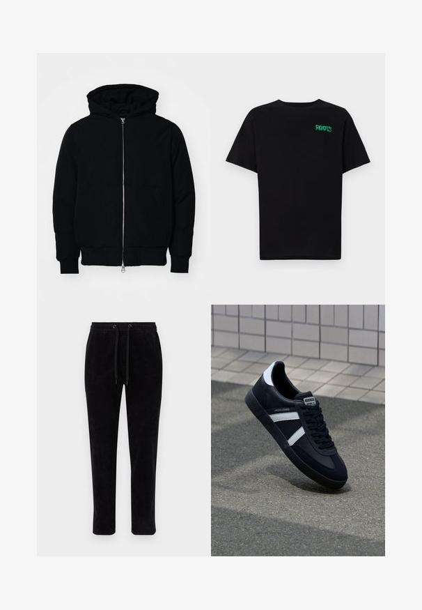 Fekete kapucnis dzseki elülső cipzárral, kenguruzsebbel, bordázott mandzsettákkal és aba, egy sima fehér háttér előtt.; Fekete, pamutból készült póló rövid ujjakkal. Elöl zöld "ROOTS" logóval, kerek nyakkivágással és normál szabással.; Fekete kordbársony nadrág, elasztikus derékpánttal, állítható húzózsinórral és tapered fazonnal. Az anyag függőleges bordázott textúrával rendelkezik.; Fekete bőr sportcipő fehér csíkokkal, textúrált gumitalppal és fűzős elejével. A nyelvén márkás címke található.